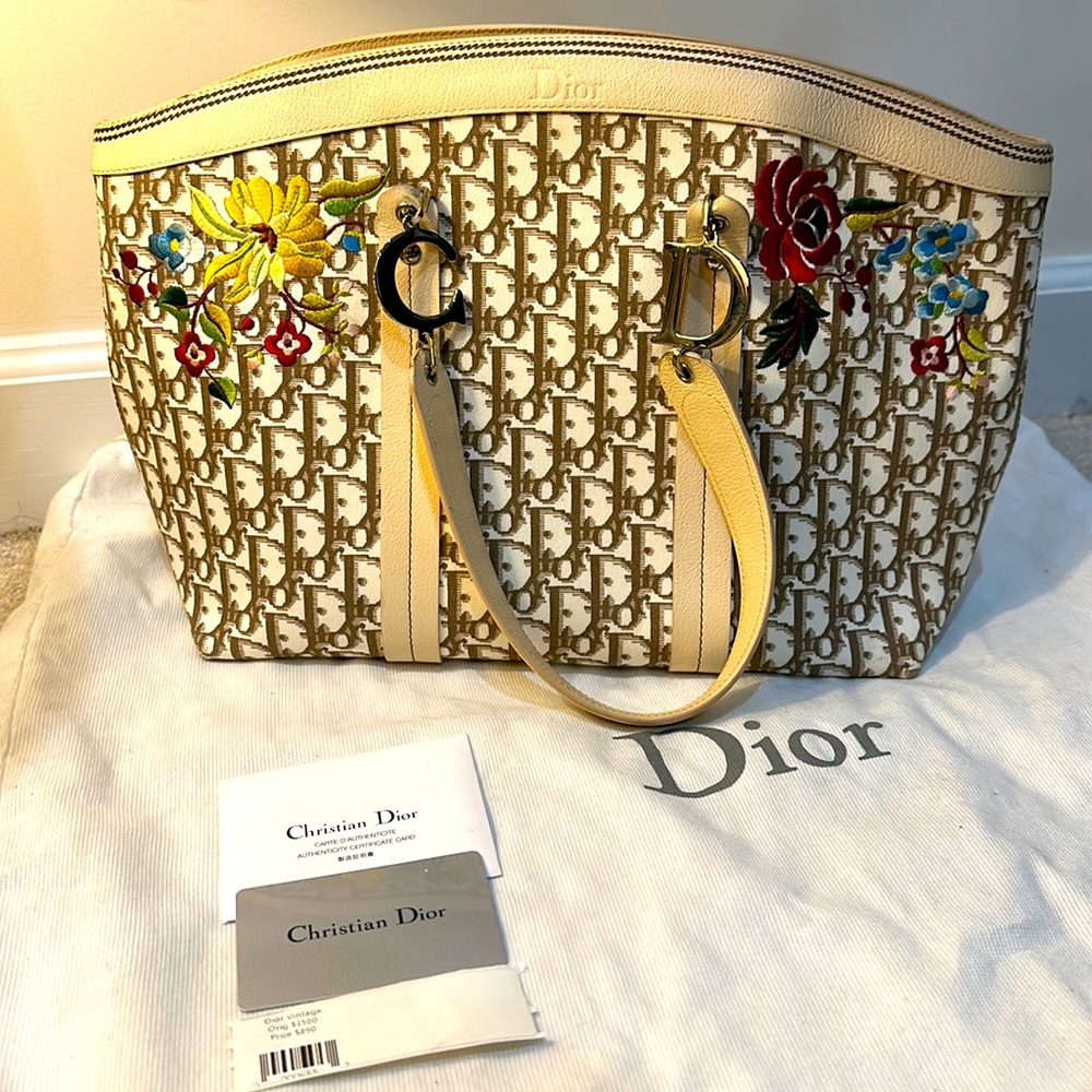 CHRISTIAN DIOR Trotter Pattern Flower Embroidered Handbag Beige